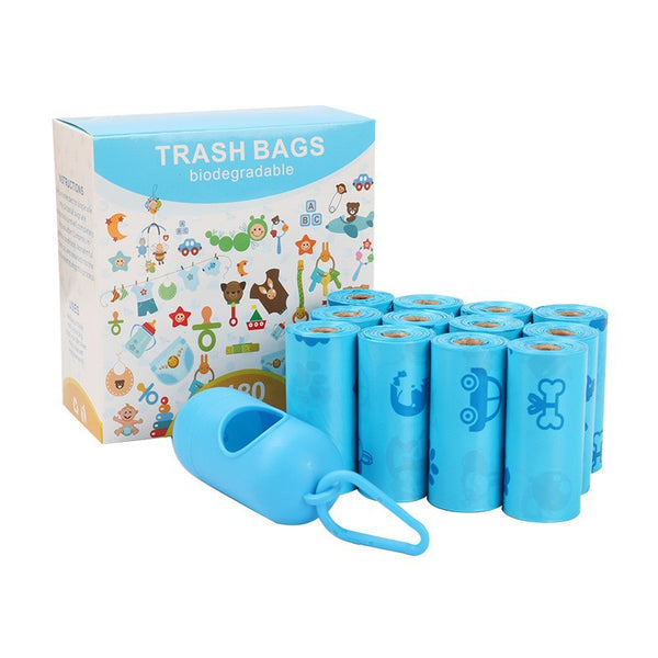A pack of biodegradable blue poop bags with a dispenser for pet waste disposal.